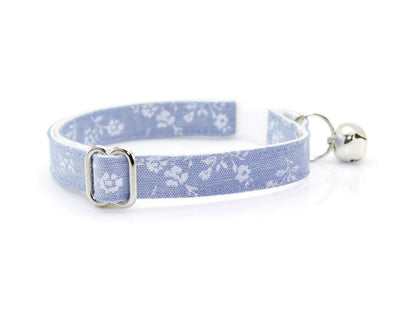 Cat Collar + Flower Set - "Fairfield" - Light Blue Chambray Floral Cat Collar w/  "Light Blue" Felt Flower (Detachable) / Wedding / Cat & Small Dog