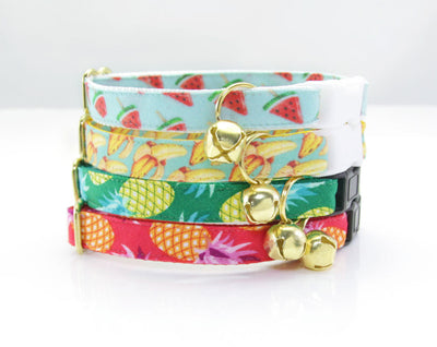 Tropical Cat Collar + Flower Set - "Pineapple Berry" - Hawaiian Red Cat Collar w/  "Fuchsia" Felt Flower - Detachable / Summer / Cat & Small Dog