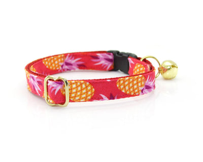 Tropical Cat Collar + Flower Set - "Pineapple Berry" - Hawaiian Red Cat Collar w/  "Fuchsia" Felt Flower - Detachable / Summer / Cat & Small Dog