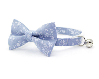 Chambray Cat Bow Tie - "Fairfield" - Light Blue Floral Cat Collar Bow Tie / Kitten Bow / Small Dog Bowtie / Wedding / Removable (One Size)