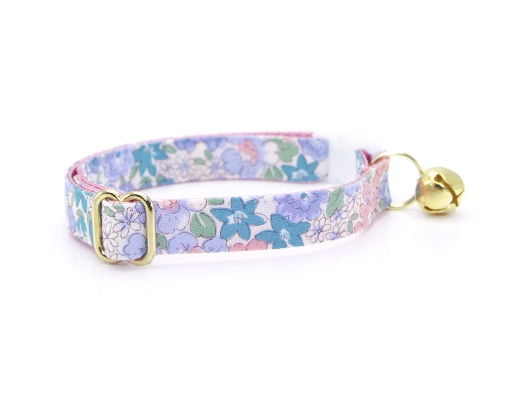 Cat Collar - "Willow" - Light Pink, Purple & Blue Floral Cat Collar - Breakaway Buckle or Non-Breakaway / Cat, Kitten + Small Dog Sizes