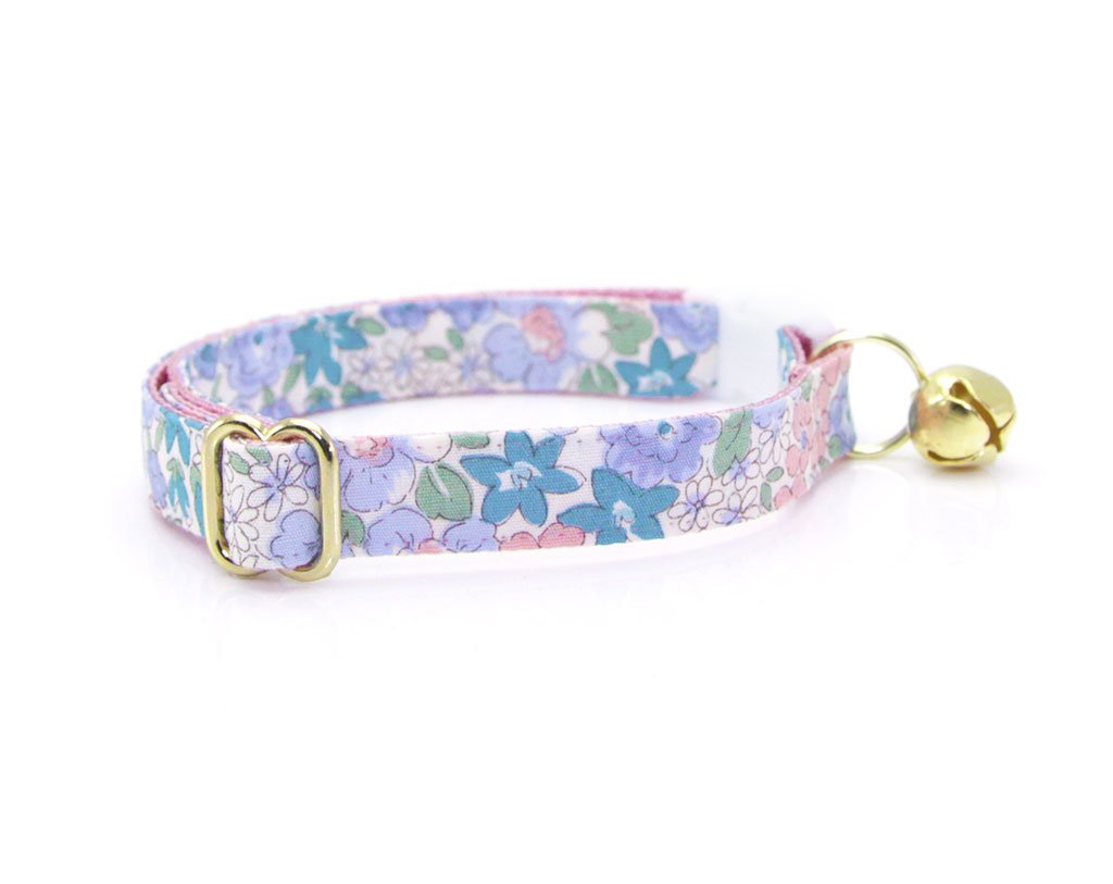 Bow Tie Cat Collar Set - "Willow" - Light Pink, Purple & Blue Flower Cat Collar w/ Matching Bow Tie (Removable)
