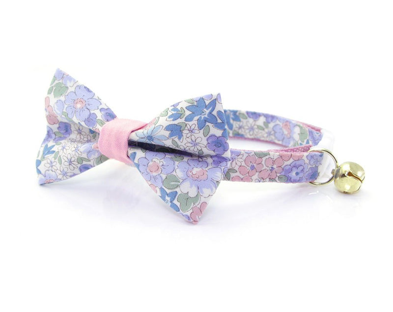 Bow Tie Cat Collar Set - "Willow" - Light Pink, Purple & Blue Flower Cat Collar w/ Matching Bow Tie (Removable)