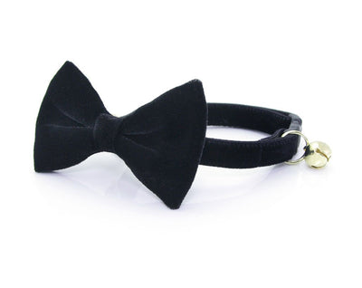 Bow Tie Cat Collar Set - "Velvet - Onyx" - Black Velvet Cat Collar w/ Matching Bow Tie (Removable)