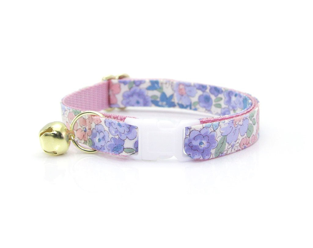 Bow Tie Cat Collar Set - "Willow" - Light Pink, Purple & Blue Flower Cat Collar w/ Matching Bow Tie (Removable)