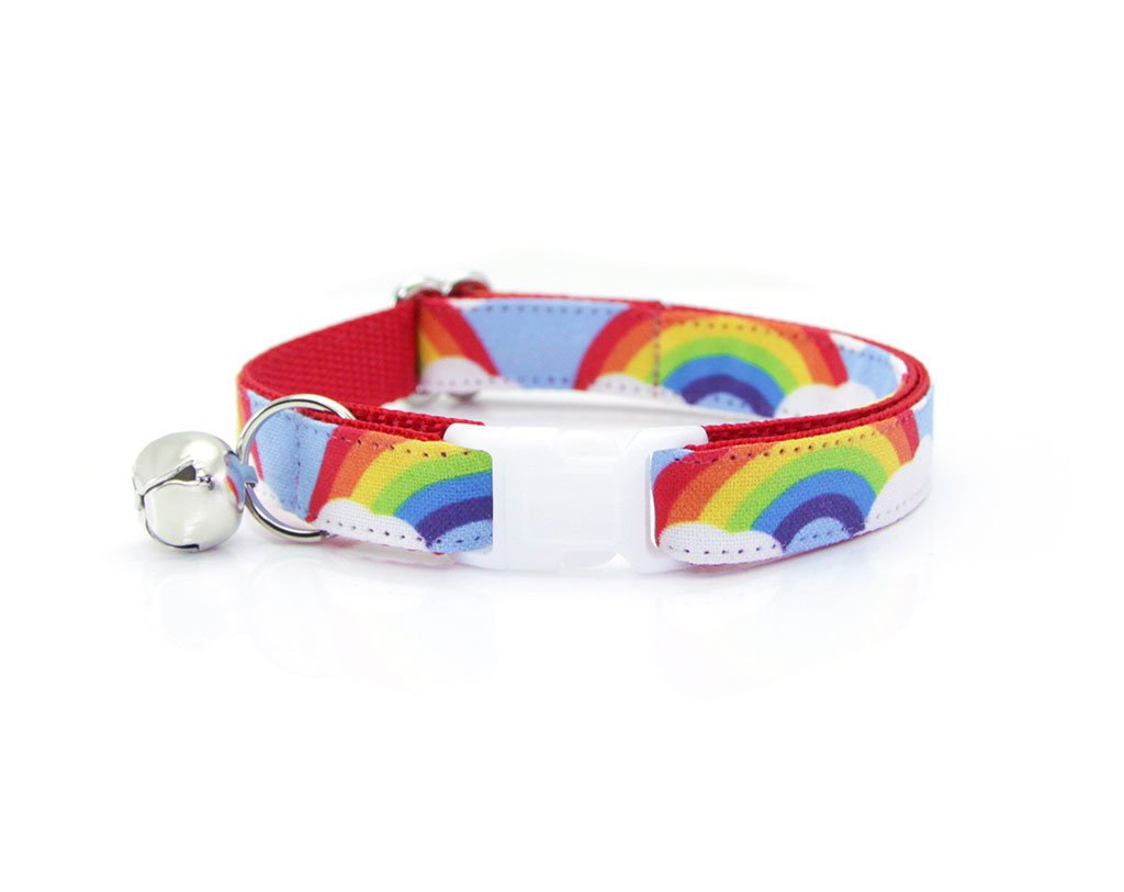 Cat Collar + Flower Set - "Rainbow Magic" - Cat Collar w /  "Red" Felt Flower (Detachable)