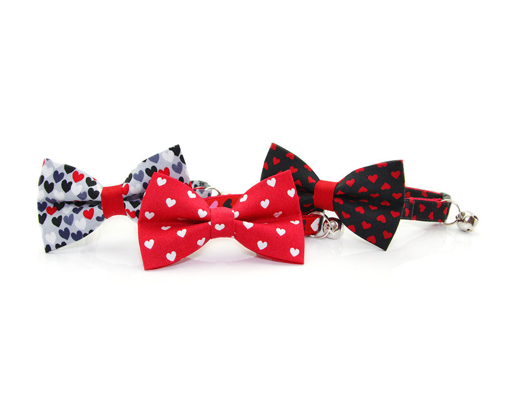 Valentine's Day Cat Bow Tie - "Love Song" - White Hearts on Red Bow Tie / For Cats + Small Dogs / Removable (One Size)