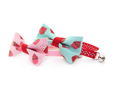 Valentine's Day Cat Bow Tie - "Hey Cupcake - Pink" - Cupcakes on Pink Bow Tie / For Cats + Small Dogs / Removable (One Size)