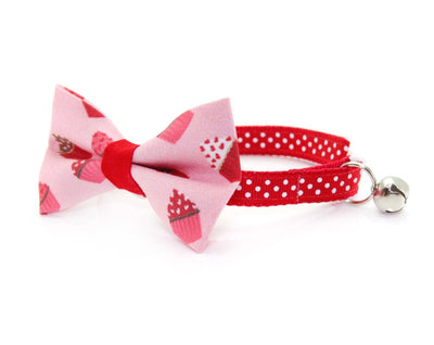 Valentine's Day Cat Bow Tie - "Hey Cupcake - Pink" - Cupcakes on Pink Bow Tie / For Cats + Small Dogs / Removable (One Size)