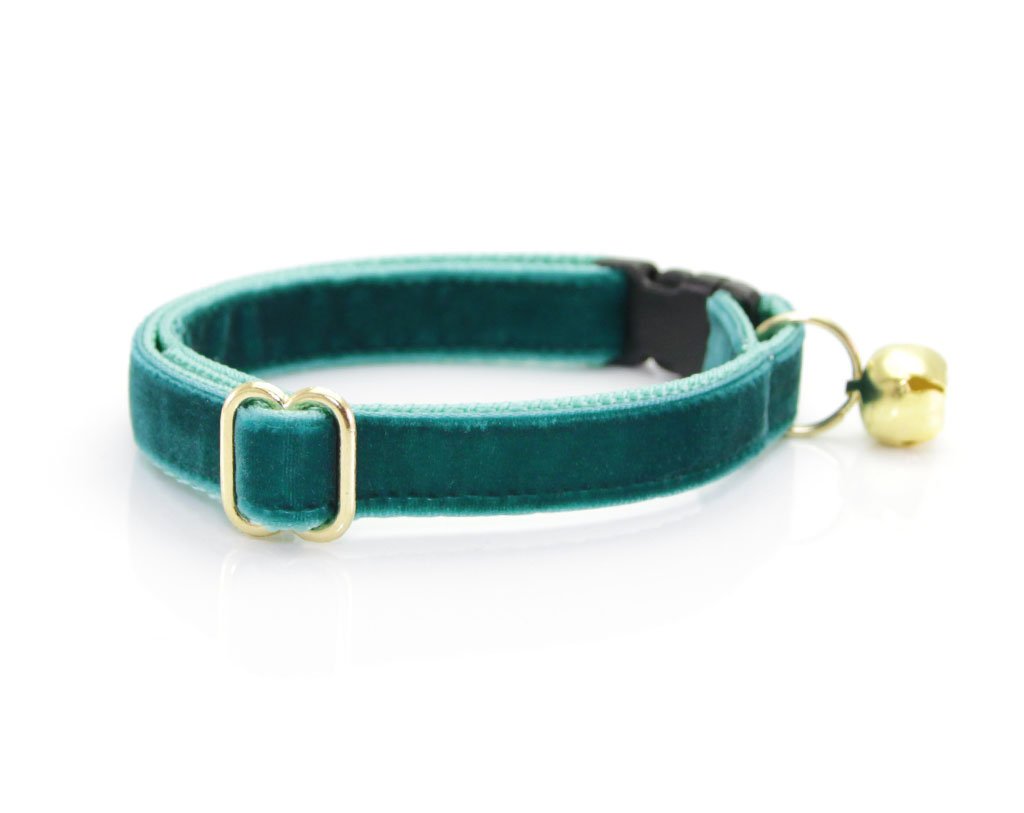 Cat Collar + Flower Set - "Velvet - Ocean Teal" - Deep Blue/Green Cat Collar w/ Teal Felt Flower (Detachable)