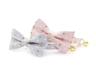 Valentine's Day Cat Bow Tie - "Devotion - Pink" - Gold Hearts on Light Pink Bowtie / For Cats + Small Dogs / Removable (One Size)
