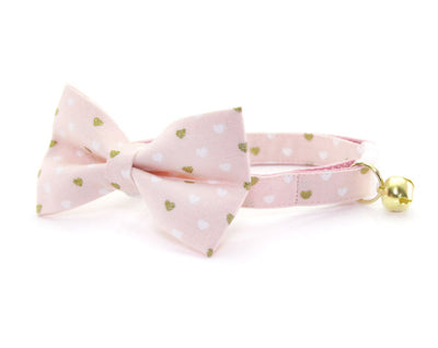 Valentine's Day Cat Bow Tie - "Devotion - Pink" - Gold Hearts on Light Pink Bowtie / For Cats + Small Dogs / Removable (One Size)