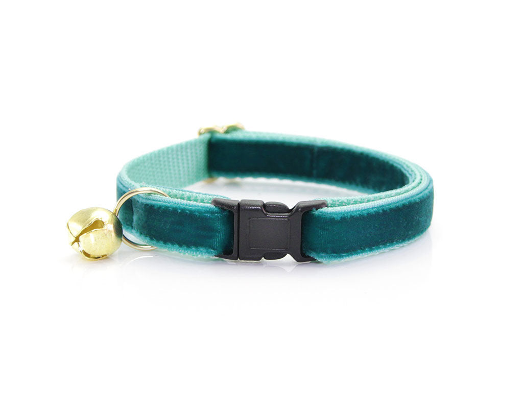 Bow Tie Cat Collar Set - "Velvet - Ocean Teal" - Blue/Green Teal Velvet Cat Collar w/ Matching Velvet Bow Tie (Removable)