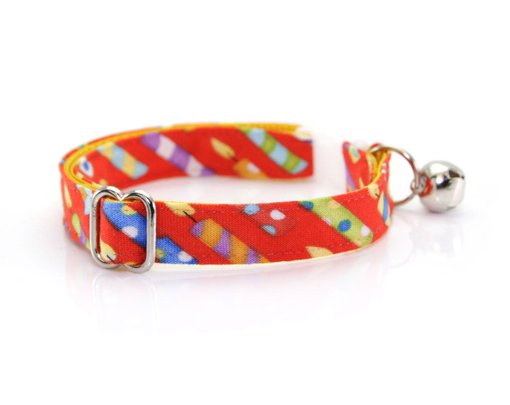 Cat Collar - "Birthday Candles" - Red Cat Collar - Breakaway Buckle or Non-Breakaway / Cat, Kitten + Small Dog Sizes