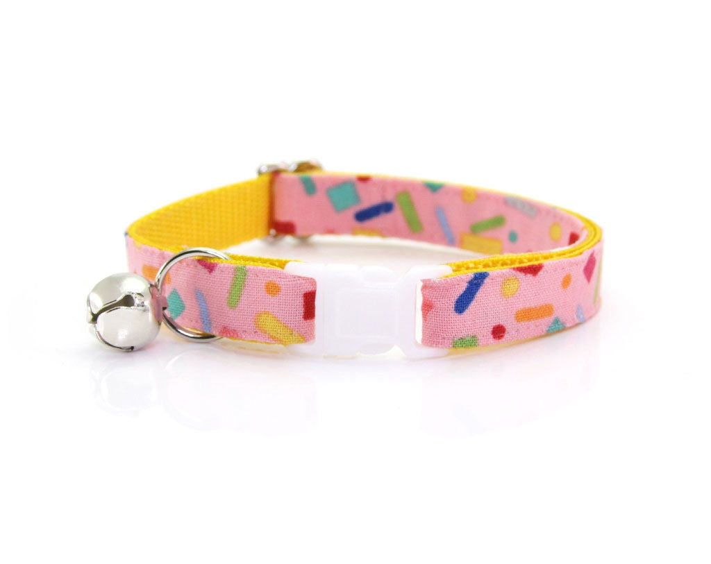 Cat Collar + Flower Set - "Confetti Sprinkles" - Pink Cat Collar w/ "Buttercup Yellow" Felt Flower (Detachable)