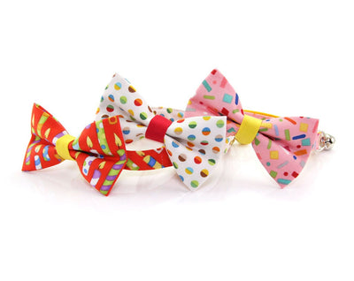 Bow Tie Cat Collar Set - "Birthday Candles" - Red Cat Collar w/Matching Bow Tie (Removable)