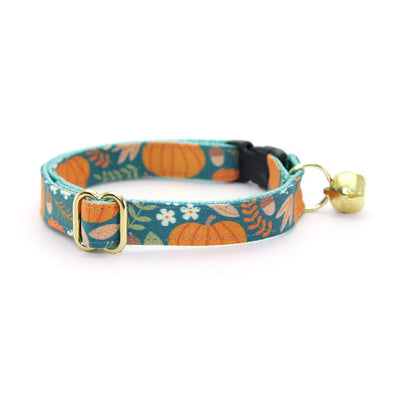 Cat Collar + Flower Set - "Pumpkin Patch - Teal" - Fall Harvest Cat Collar w/ Mint Felt Flower (Detachable)