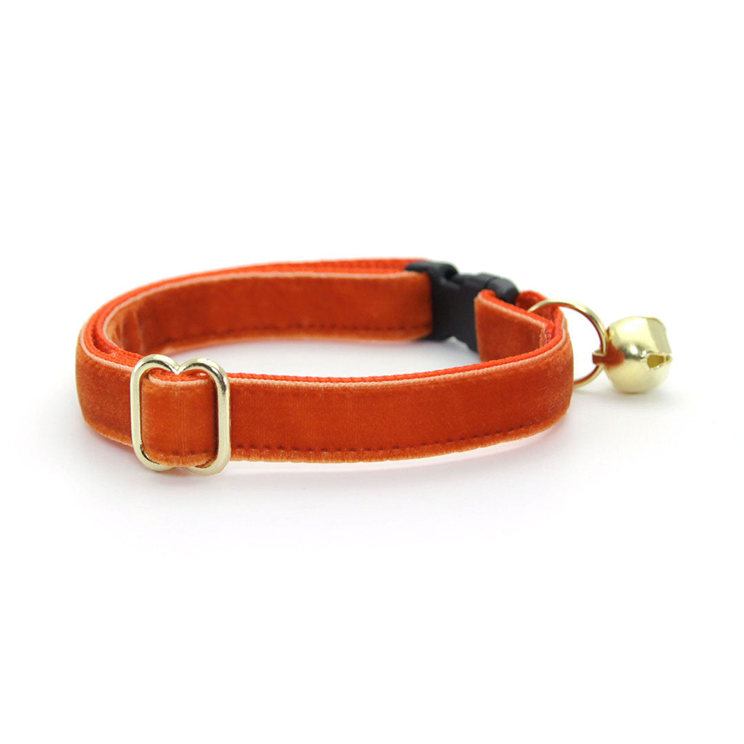 Cat Collar + Flower Set - "Velvet - Roasted Pumpkin" - Burnt Orange Velvet Cat Collar w/ Pumpkin Felt Flower (Detachable)