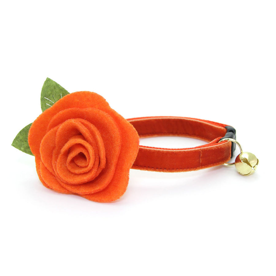 Cat Collar + Flower Set - "Velvet - Roasted Pumpkin" - Burnt Orange Velvet Cat Collar w/ Pumpkin Felt Flower (Detachable)