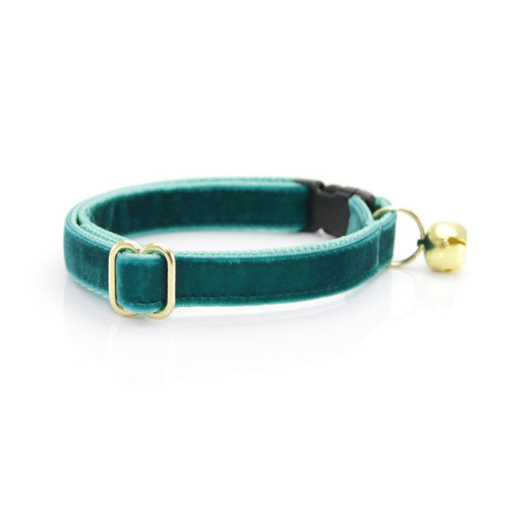 Cat Collar + Flower Set - "Velvet - Ocean Teal" - Deep Blue Green Cat Collar w/ Mint Felt Flower (Detachable)
