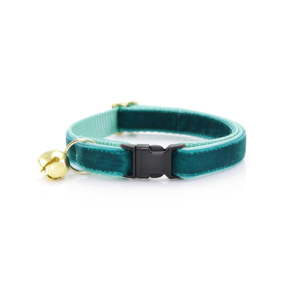 Cat Collar + Flower Set - "Velvet - Ocean Teal" - Deep Blue Green Cat Collar w/ Mint Felt Flower (Detachable)