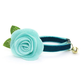 Cat Collar + Flower Set - "Velvet - Ocean Teal" - Deep Blue Green Cat Collar w/ Mint Felt Flower (Detachable) - Adult Cat (8-13) / Breakaway / Gold