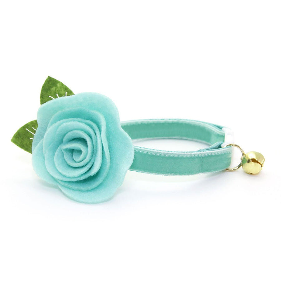 Cat Collar + Flower Set - "Velvet - Mint" - Robin's Egg Cat Collar w/ Mint Felt Flower (Detachable)