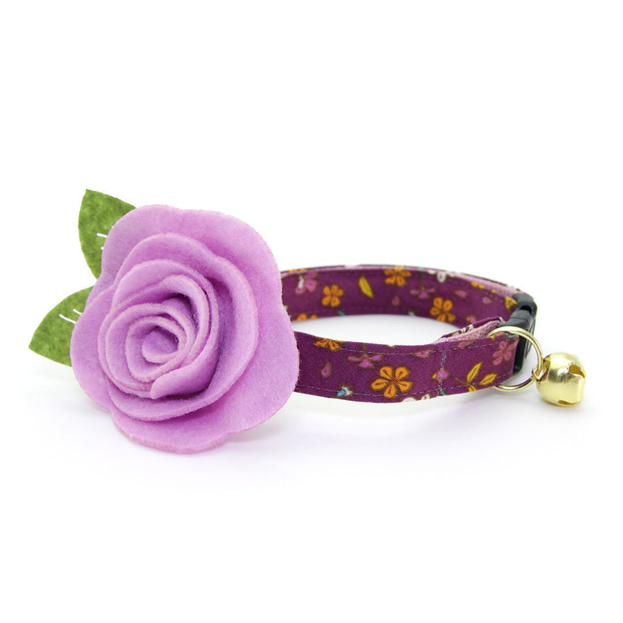 Cat Collar + Flower Set - "Spiced Plum" - Wine Purple Floral Cat Collar w/ Lavender Felt Flower (Detachable)