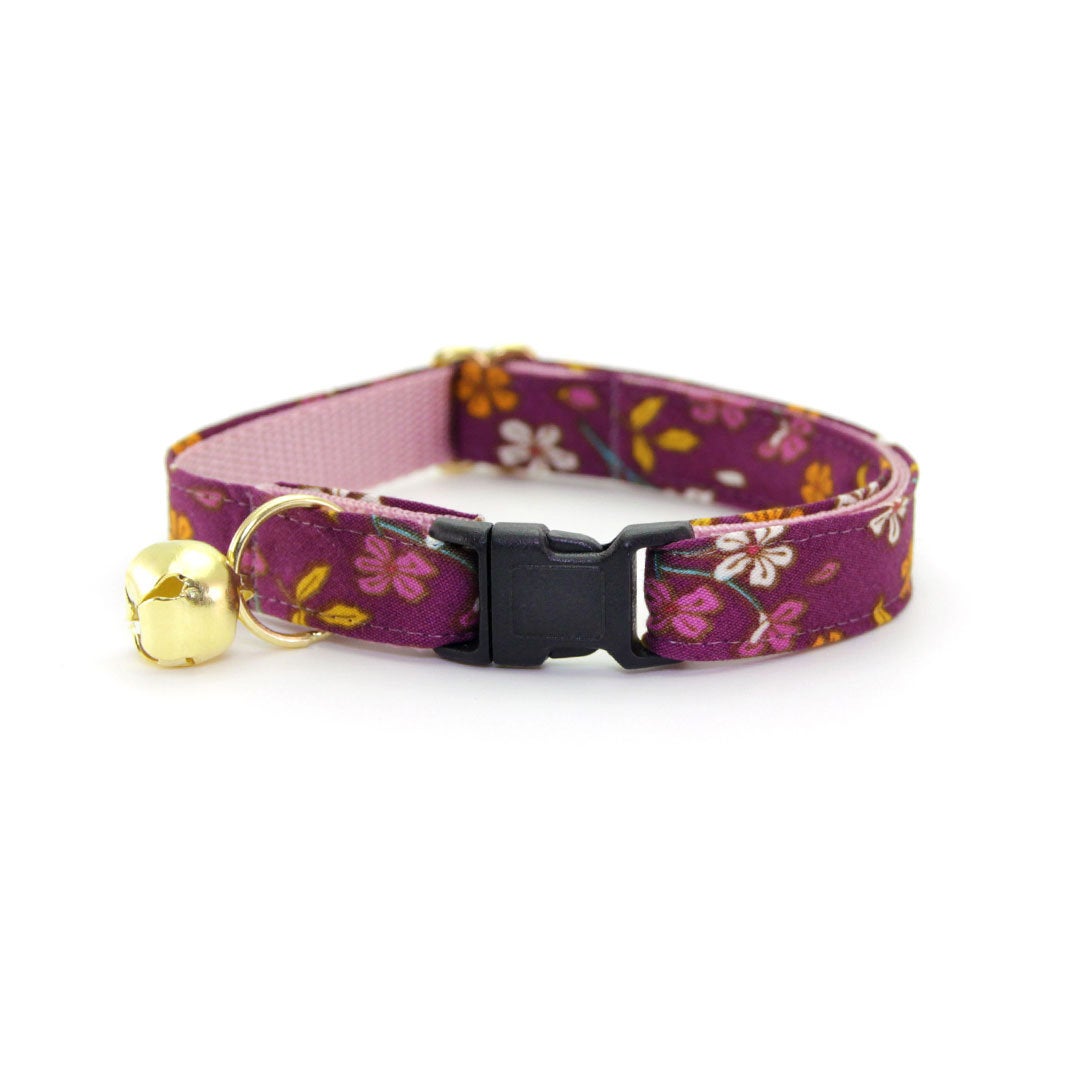 Bow Tie Cat Collar Set - "Spiced Plum" - Wine Purple Floral Cat Collar w/ Matching Bowtie (Removable)