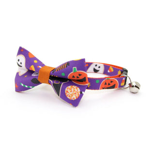 Bow Tie Cat Collar Set - "Witch's Brew" - Halloween Cat Collar w/ Matching Bowtie (Removable) - Kitten (6-10) / Breakaway / Silver