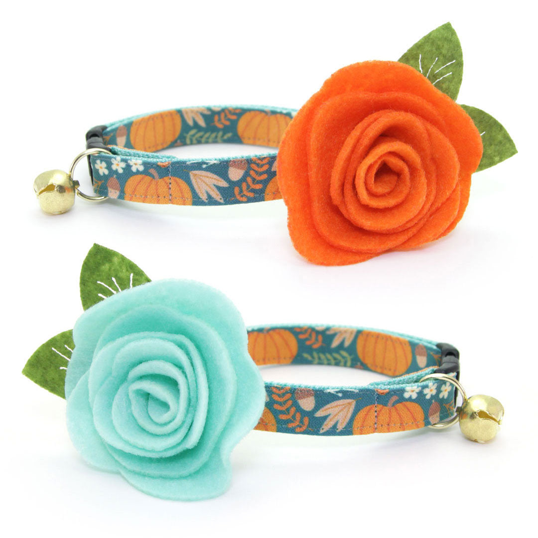 Cat Collar - "Pumpkin Patch - Teal" - Harvest Fall Cat Collar - Breakaway Buckle or Non-Breakaway / Cat, Kitten + Small Dog Sizes