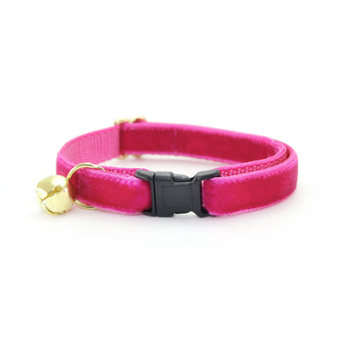 Cat Collar + Flower Set - "Velvet - Azalea" - Magenta Pink Velvet Cat Collar w/ Fuchsia Pink Felt Flower (Detachable)