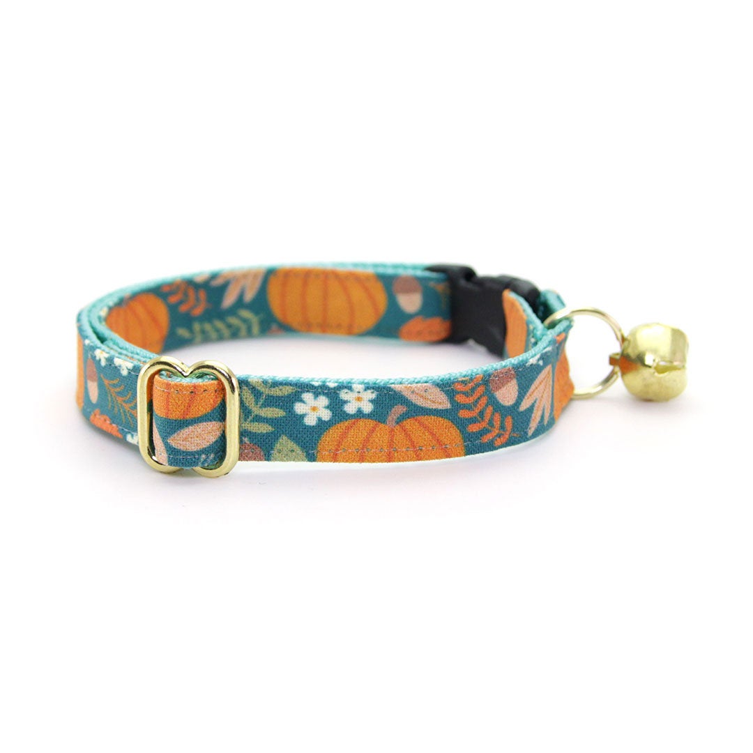 Bow Tie Cat Collar Set - "Pumpkin Patch - Teal" - Fall Harvest Cat Collar w/ Matching Bowtie (Removable) / Fall + Thanksgiving