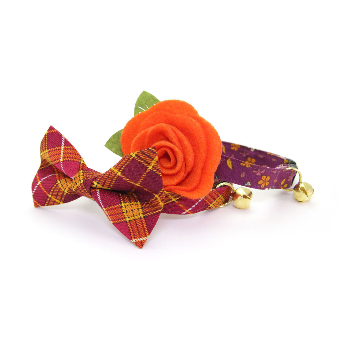 Bow Tie Cat Collar Set - "Spiced Plum" - Wine Purple Floral Cat Collar w/ Matching Bowtie (Removable)