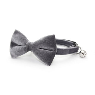 Bow Tie Cat Collar Set - "Velvet - Storm Gray" - Dark Grey Velvet Cat Collar w/ Matching Bowtie (Removable) / Wedding - Kitten (6-10) / Breakaway / Silver