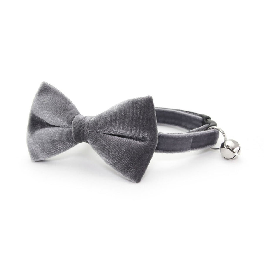 Bow Tie Cat Collar Set - "Velvet - Storm Gray" - Dark Grey Velvet Cat Collar w/ Matching Bowtie (Removable) / Wedding