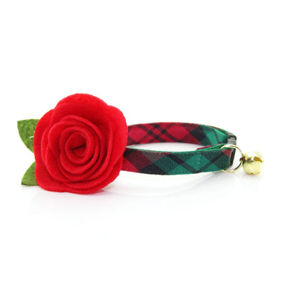 Cat Collar + Flower Set - "Fireside" - Red & Green Holiday Plaid Cat Collar w/ Scarlet Felt Flower (Detachable)