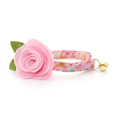 Cat Collar + Flower Set - "Sugar & Spice" - Pink Gingerbread Cat Collar w/ Baby Pink Felt Flower (Detachable)