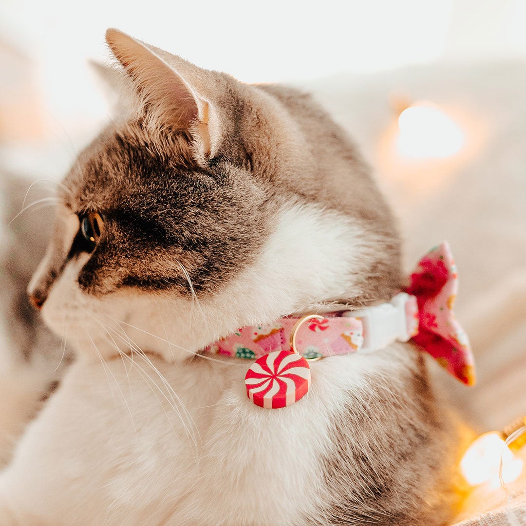 Bow Tie Cat Collar Set - "Sugar & Spice" - Pink Gingerbread, Peppermints & Cupcakes Cat Collar w/ Matching Bowtie (Removable)