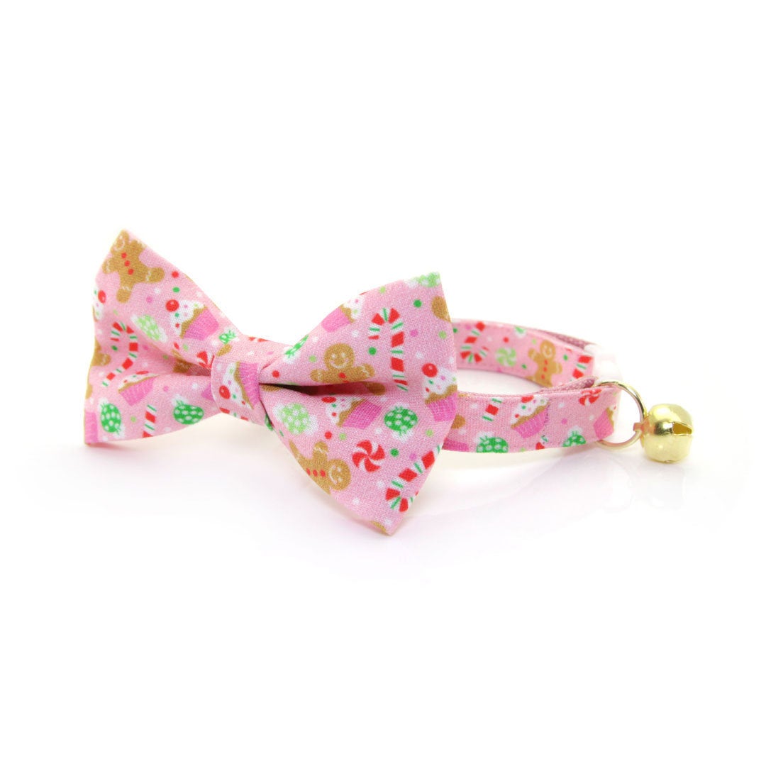 Bow Tie Cat Collar Set - "Sugar & Spice" - Pink Gingerbread, Peppermints & Cupcakes Cat Collar w/ Matching Bowtie (Removable)