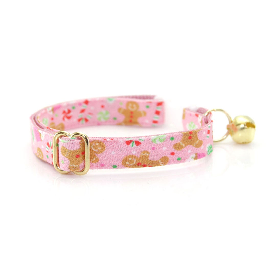 Cat Collar + Flower Set - "Sugar & Spice" - Pink Gingerbread Cat Collar w/ Baby Pink Felt Flower (Detachable)