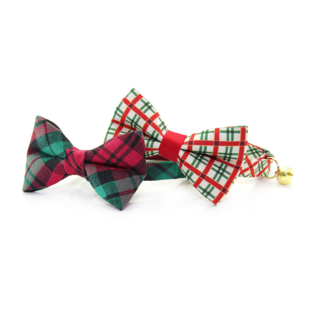 Bow Tie Cat Collar Set - "Fireside" - Red & Green Holiday Plaid Cat Collar w/ Matching Bowtie (Removable)