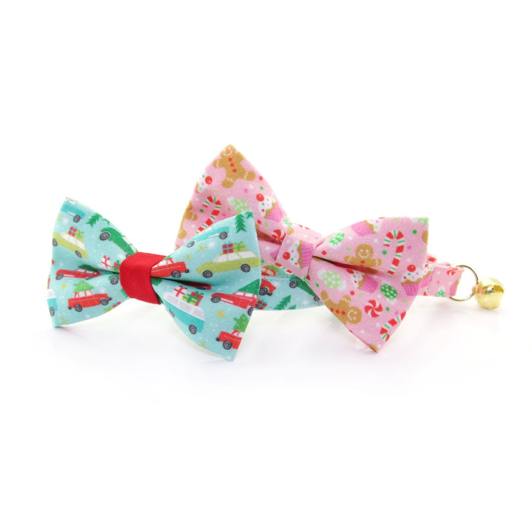 Bow Tie Cat Collar Set - "Sugar & Spice" - Pink Gingerbread, Peppermints & Cupcakes Cat Collar w/ Matching Bowtie (Removable)
