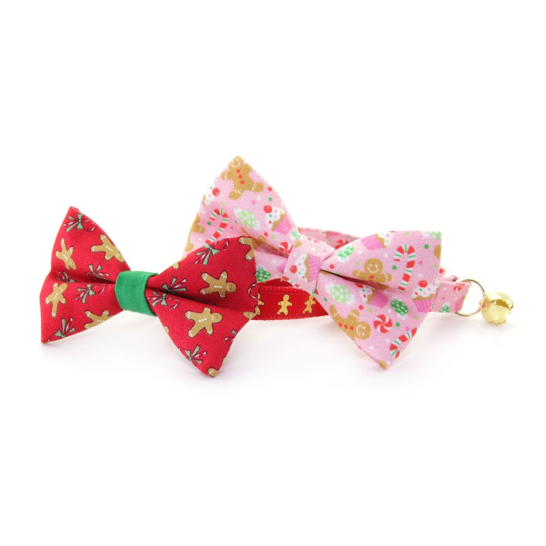Bow Tie Cat Collar Set - "Sugar & Spice" - Pink Gingerbread, Peppermints & Cupcakes Cat Collar w/ Matching Bowtie (Removable)