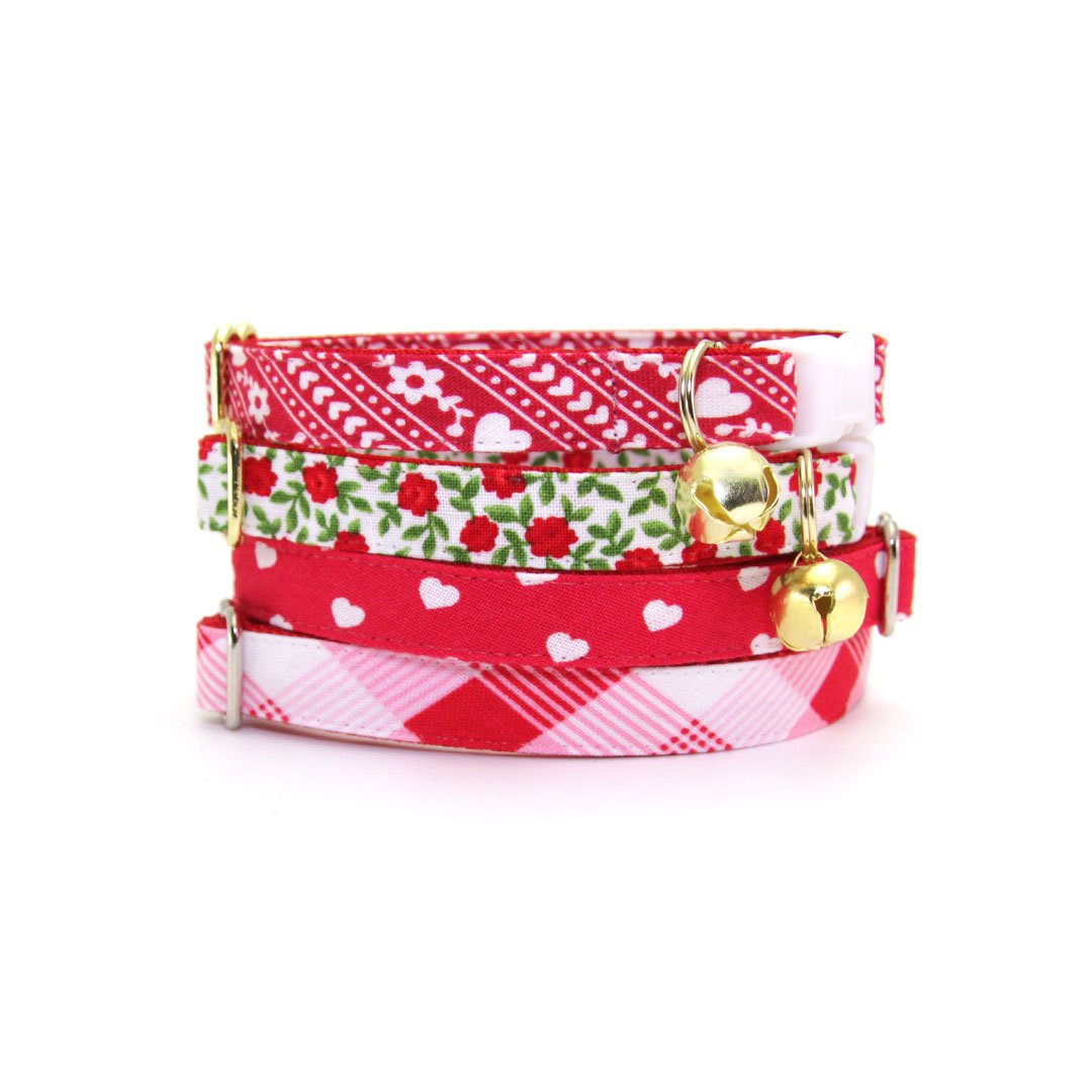 Cat Collar + Flower Set - "Love Song" - Red Heart Cat Collar w/ Scarlet Felt Flower (Detachable) / Valentine's Day