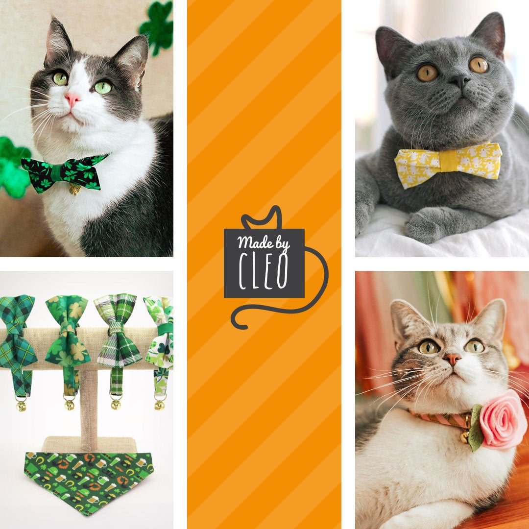 Bow Tie Cat Collar Set - "Dublin" - Plaid Green Cat Collar w/ Matching Bowtie (Removable) / St. Patrick's Day