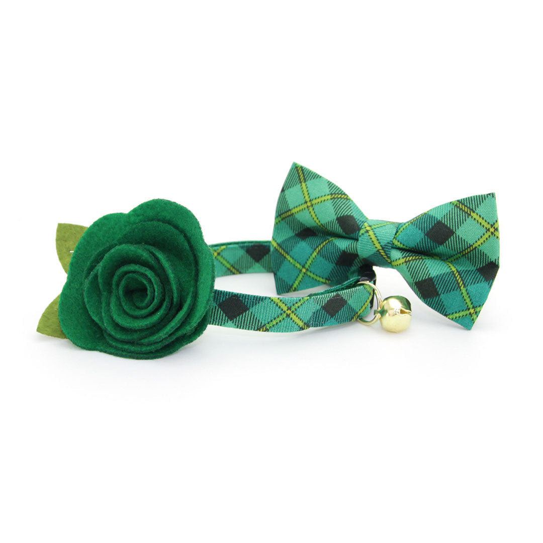 Cat Collar + Flower Set - "Dublin" - Irish Green Plaid Cat Collar w/ Clover Green Felt Flower (Detachable) / St. Patrick's Day