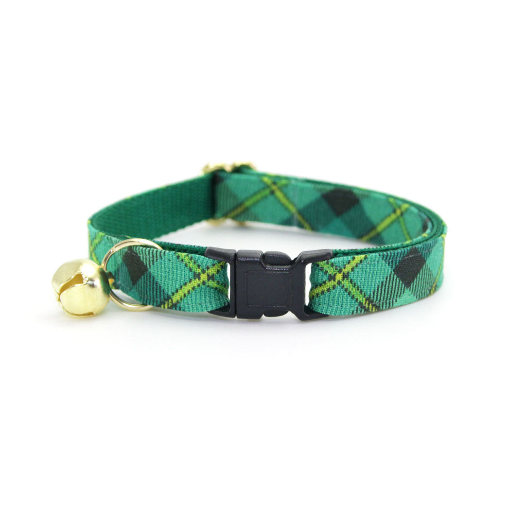 Cat Collar + Flower Set - "Dublin" - Irish Green Plaid Cat Collar w/ Clover Green Felt Flower (Detachable) / St. Patrick's Day