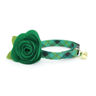 Cat Collar + Flower Set - "Dublin" - Irish Green Plaid Cat Collar w/ Clover Green Felt Flower (Detachable) / St. Patrick's Day - Adult Cat (8-13) / Breakaway / Gold