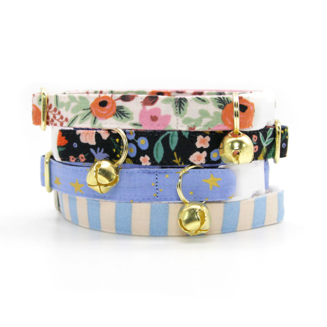 Rifle Paper Co® Bow Tie Cat Collar Set - "Dusk" - Periwinkle Blue w/ Gold Stars Cat Collar w/ Matching Bowtie / Cat, Kitten, Small Dog Sizes